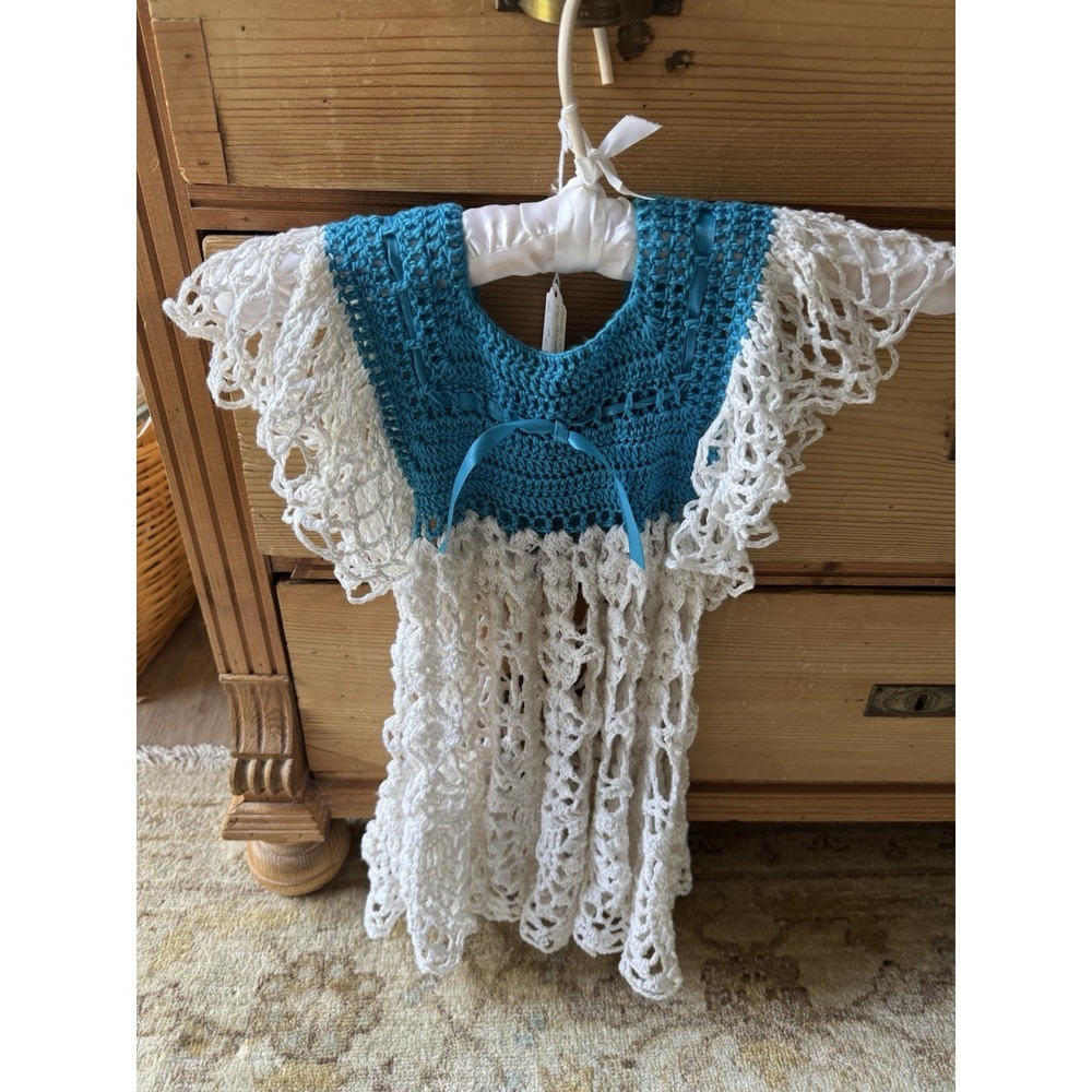 VTG  Handmade Teal & White Girl's Dress Sz 4/5 - Picture 5 of 7